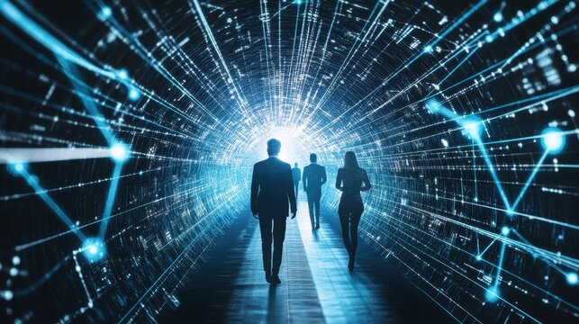 Walking Towards the Digital Future: Businesspeople in a Data Tunnel