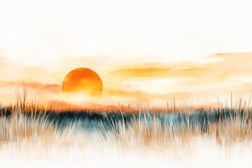 A soft watercolor painting of a sunrise over a tranquil meadow, with golden rays blending gently into the misty morning air