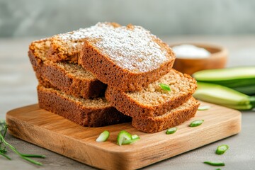 A stack of zucchini bread slices on a wooden cutting board, with a sprinkle of powdered sugar for decoration