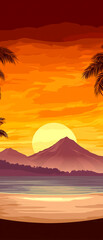 A beautiful sunset with mountains in the background and palm trees in the foreground. The sky is orange and the sun is setting