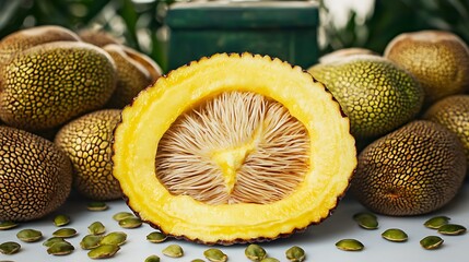 Whole jackfruit pieces and scattered seeds displayed on a clean white surface, showcasing the fibrous texture of the fruit and the shiny seeds
