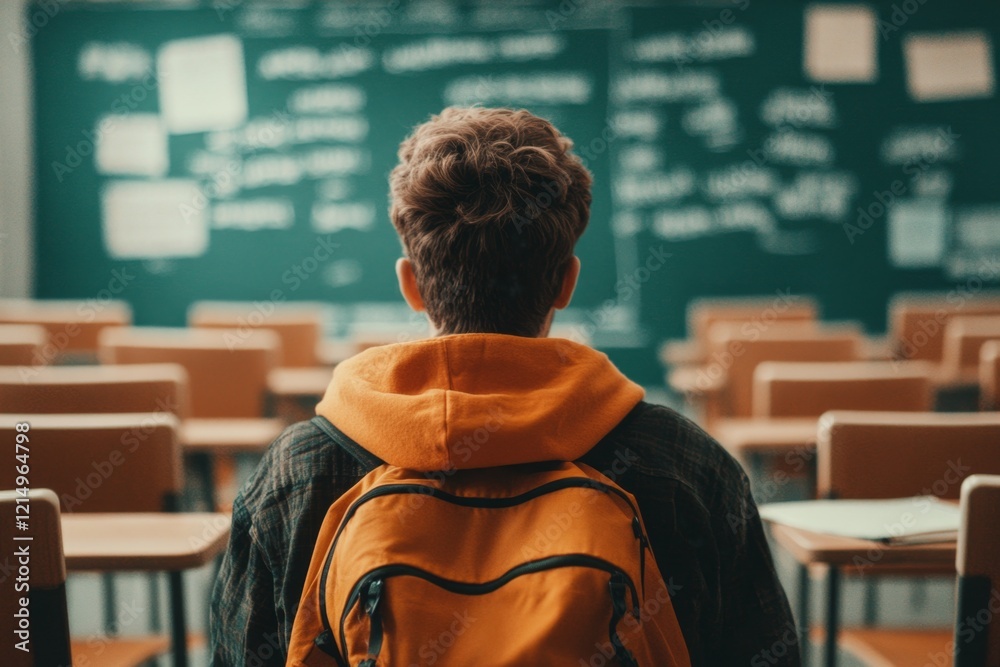 Poster a teacher sitting alone in an empty classroom, looking worried as they review a student troubling as