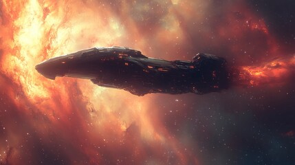 Fototapeta premium Dark Spaceship Soaring Through a Fiery Nebula