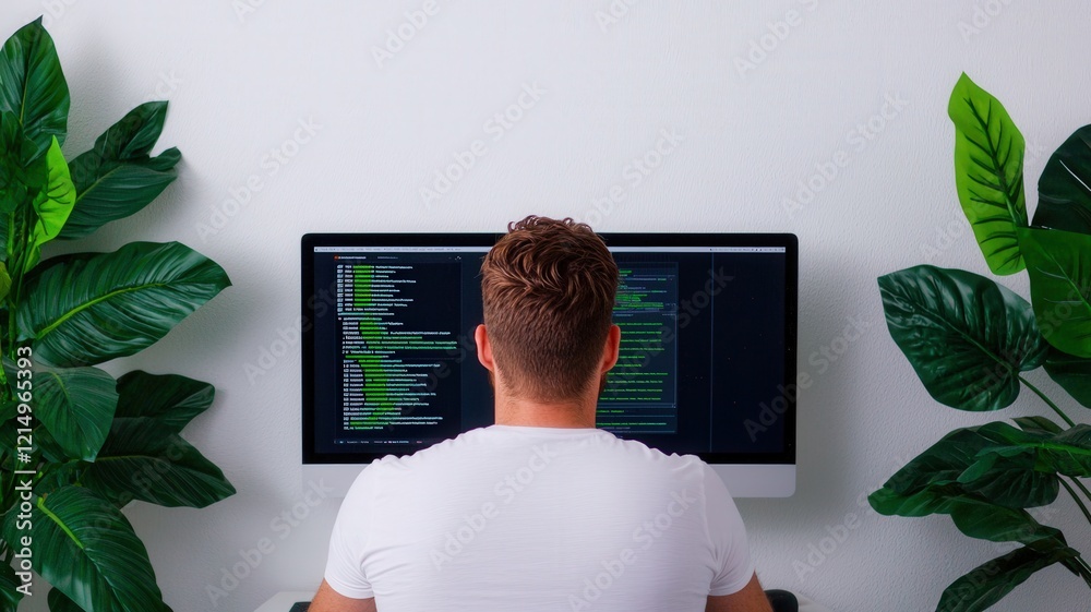 Poster a person coding at a computer surrounded by plants, showcasing a modern workspace with a focus on te