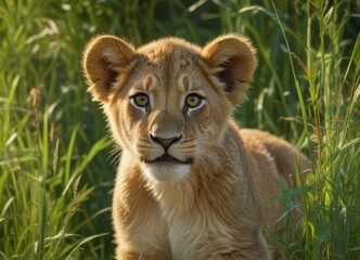 Obraz premium A lion cub with a mischievous grin and a tuft of fur on its head peeking out from behind the tall grass, curious, tall grass