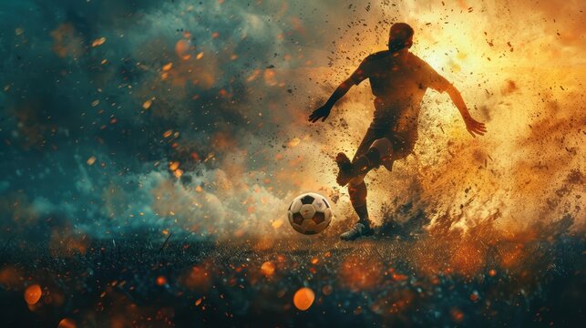 A soccer player is captured mid-action during a rainy match, dribbling the ball with skill and intensity. The scene is highly dramatic, as rain pours down and droplets mix with flying mud and debris. 
