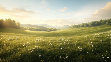 Naklejka premium Serene meadow with wildflowers at sunrise in lush green valley