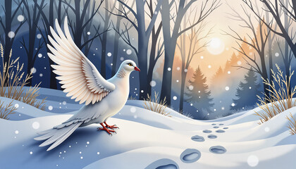 Peace dove soaring above snowy landscape at dawn, symbol of hope, International Women's Day, watercolor painting
