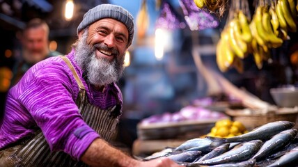 A cheerful vendor in a market smiles while showcasing fresh fish amidst colorful produce.