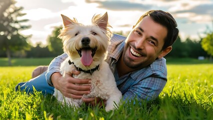 Happy man is laying on the grass with his dog
