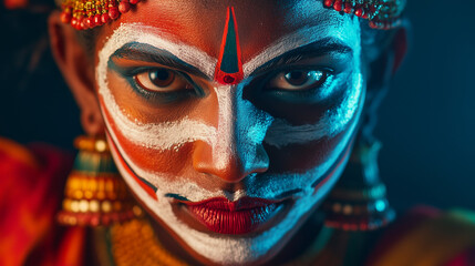 Close up vibrant shot of a traditional Kathakali dancer in full costume and makeup