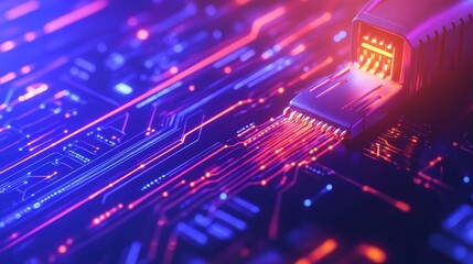 Fototapeta premium Vibrant close-up of a network cable connecting to a futuristic circuit board with glowing lines