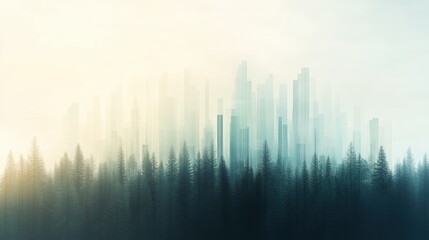 Ethereal cityscape with skyscrapers emerging from misty forest at dawn