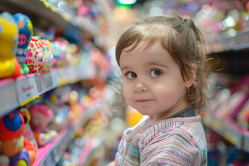 Generative AI image of a cheerful child enjoying a visit to a colorful toy store