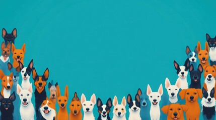 Fototapeta premium A Colorful Collection of Playful Dogs in Various Breeds and Poses Against a Vibrant Teal Background, Perfect for Pet Lovers and Animal Enthusiasts Alike