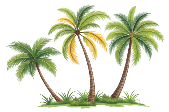 Green palm tree isolated on transparent background with clipping path, single palm tree with clipping path and alpha channel. are Forest and foliage in summer for both printing and web pages