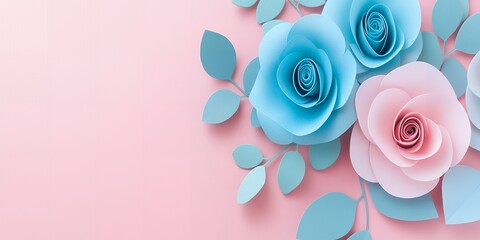 Elegant Pastel Paper Roses and Leaves on Pink Background Floral Craft Design