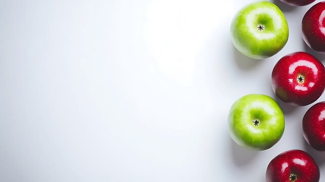 A minimalist arrangement of green apples placed next to red apples on a pristine white background, creating a fresh and clean visual contrast