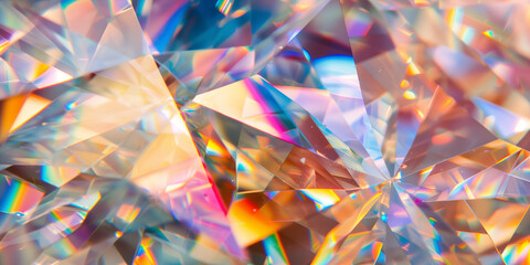 Background of close-up prismatic crystals the intricate reflections and refractions, vibrant colors. Prism light reflection banner. Glowing bright rays and colorful light effects.