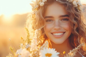 Fototapeta premium A young woman smiling radiantly while holding a bouquet of wildflowers in an open meadow