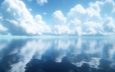 Fototapeta premium Calm ocean reflecting bright sky and fluffy clouds.
