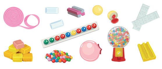 Set of colorful gummies in cartoon style. Vector illustration of different sweets with chewing gum in packages with different flavors on white background.