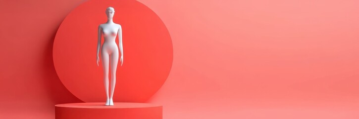 Fototapeta premium A minimalist mannequin stands on a pedestal against a soft coral background with a circular accent, showcasing a modern design aesthetic.