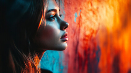 Captivating profile of a young woman against a colorful background at dusk