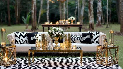 Elegant outdoor lounge with black and white decor, floral arrangements, and warm lighting for a special event in a forest setting