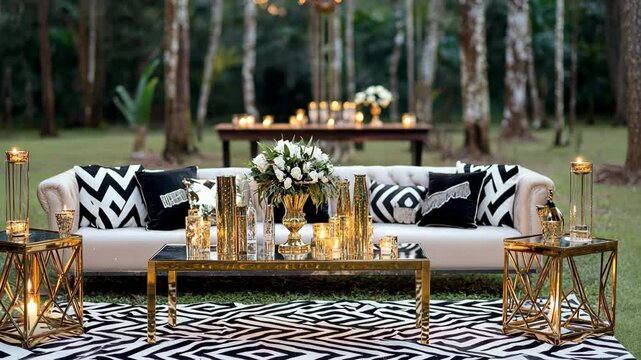 Elegant outdoor lounge with black and white decor, floral arrangements, and warm lighting for a special event in a forest setting