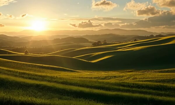 Majestic Easter sunrise over rolling green hills with a wooden cross silhouetted in the golden light, symbolizing hope '