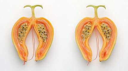 A papaya split in half, with its bright orange flesh and visible seeds against a pure white background, offering a clear view of the tropical fruit's interior