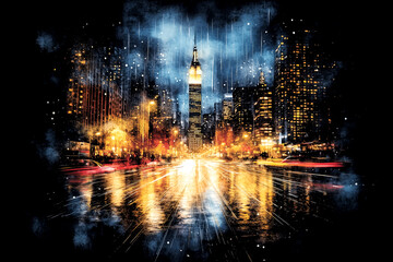 A cityscape with a tall building in the background and a street with cars and people. The image has a moody and dramatic feel to it, with the rain adding to the atmosphere