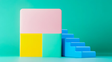 A colorful geometric composition featuring a block structure with pastel colors and blue stairs against a vibrant teal background.