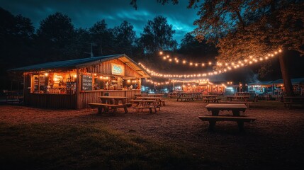 Enchanting Night Market with Warm String Lights and Rustic Cabins