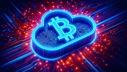 Glowing Bitcoin Symbol in Cloud Computing Environment,Blockchain Technology with Copy Space 