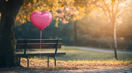 Pink heart balloon tied to a bench in a park with golden light and trees in the background