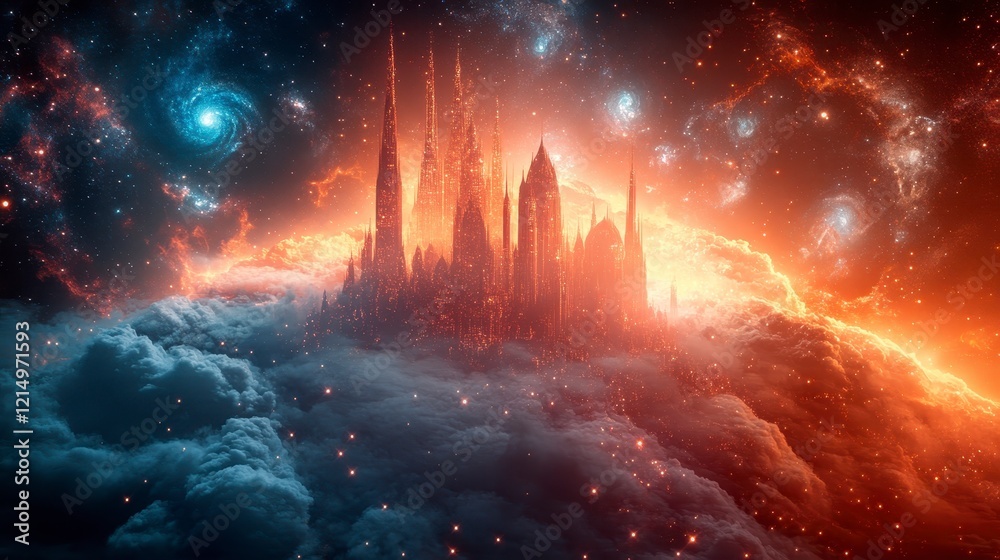 Poster Ethereal Castle Among the Stars A Glowing City in a Dreamlike Cosmic Landscape