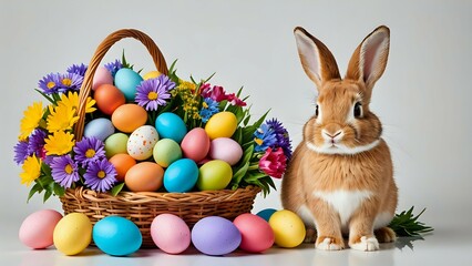 Adorable Easter bunny beside a wicker basket overflowing with colorful eggs and spring flowers. Perfect for Easter cards, websites, or spring-themed projects.