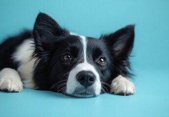 Fototapeta premium Adorable black and white border collie resting with a soulful expression against a vibrant turquoise background, showcasing pet beauty and charm