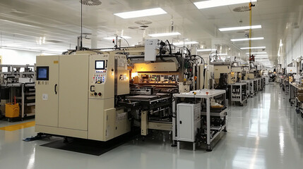 A factory interior with machines operating under bright lighting, with a well-organized workspace and a clean, orderly atmosphere. The noise of the machinery fills the air, contributing to the energet