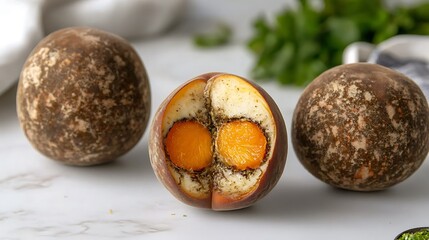 Obraz premium A single peach with a slice removed, revealing the soft, velvety texture and bright orange color inside, placed on a white background