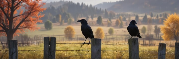 A carrion crow perched on a fence post in a rural landscape with a few scattered trees, fence, animal behavior