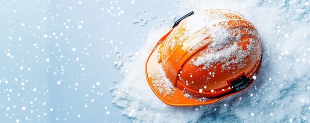 Orange construction helmet sits on snow during snowfall. Winter work safety concept. Safety equipment for cold weather work. Protective gear for outdoor construction site. Winter weather,