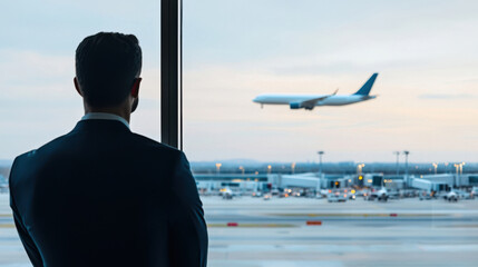 A businessman watches an airplane take off from an airport window during sunset.