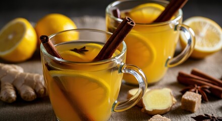Warm lemon ginger drink with cinnamon sticks and fresh ingredients