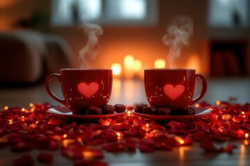 Valentine's themed pair of coffee mugs with heart-shaped steam rising, placed on matching saucers with heart-shaped chocolates, surrounded by soft rose petals, set against a cinematic dark
