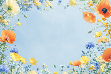 Obraz premium A fresh spring flower frame with wildflowers such as orange poppies, blue cornflowers, and yellow buttercups, placed in a free-flowing design on a pale sky blue background