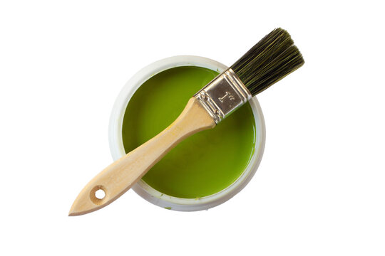 bote de pintura con brocha de color verde sobre fondo transparente