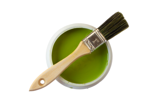 bote de pintura con brocha de color verde sobre fondo transparente